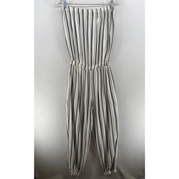 BLUE ISLAND Jumpsuit Small Striped Cinched Waist Strapless Rayon White Navy - Picture 3 of 14